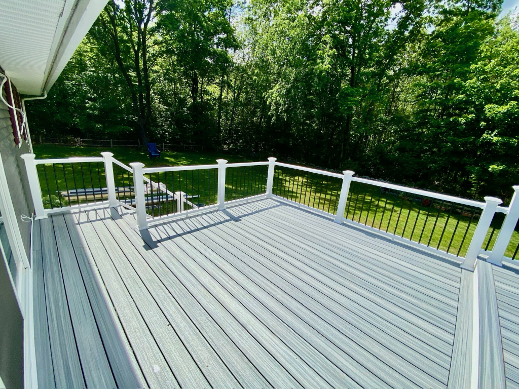 Close-up of Trex decking and modern black railings