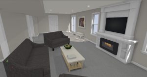 Modern living room with fireplace and sofas.
