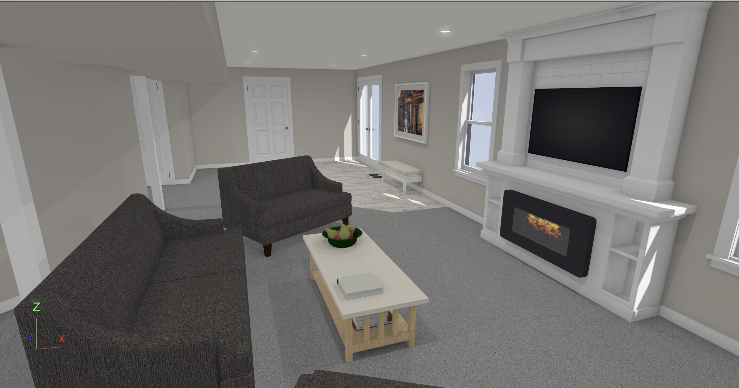 Modern living room with fireplace and sofas.